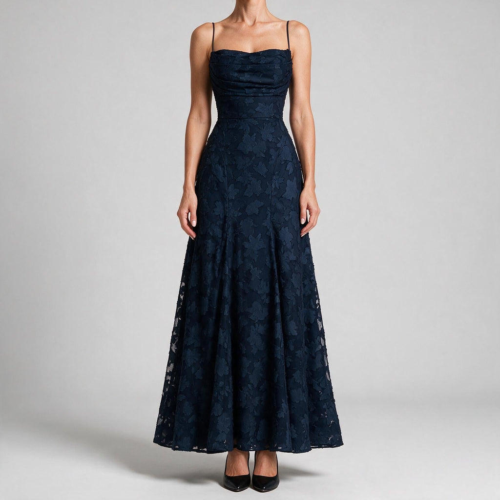 Colette | Womens Wedding Guest Maxi Lace A-Line High Waist Dresses Navy Blue