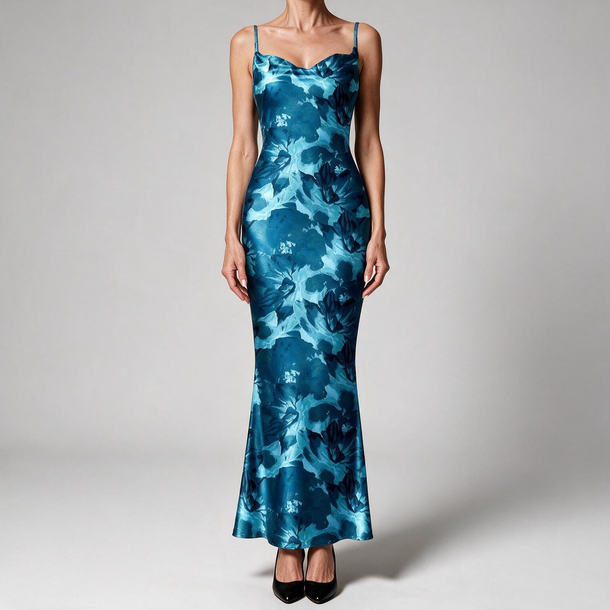 Saskia | Womens Floral Print Strappy Sleeveless Summer Slip Wedding Guest Dresses Lake Blue