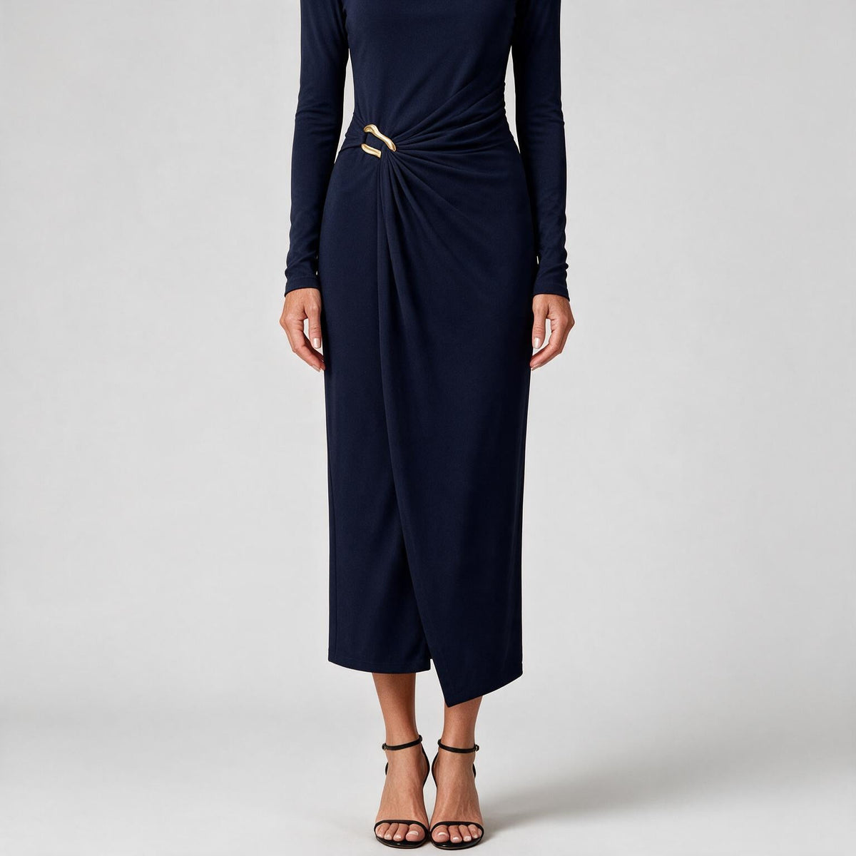 Petra | Womens Wedding Guest Long Sleeve Bodycon Midi Prom Dress Dark Blue