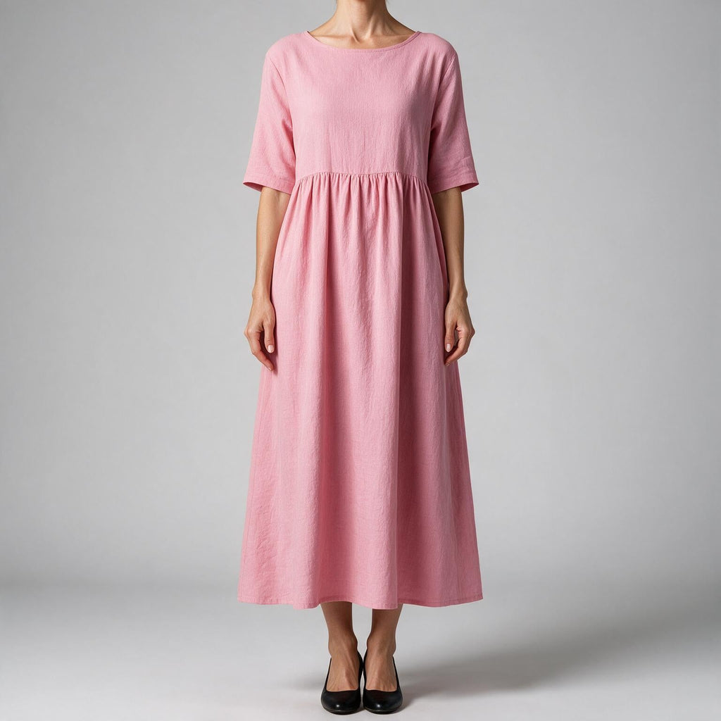 Saoirse | Womens Wedding Guest Summer Midi Cotton Linen Round Neck Dresses Pink