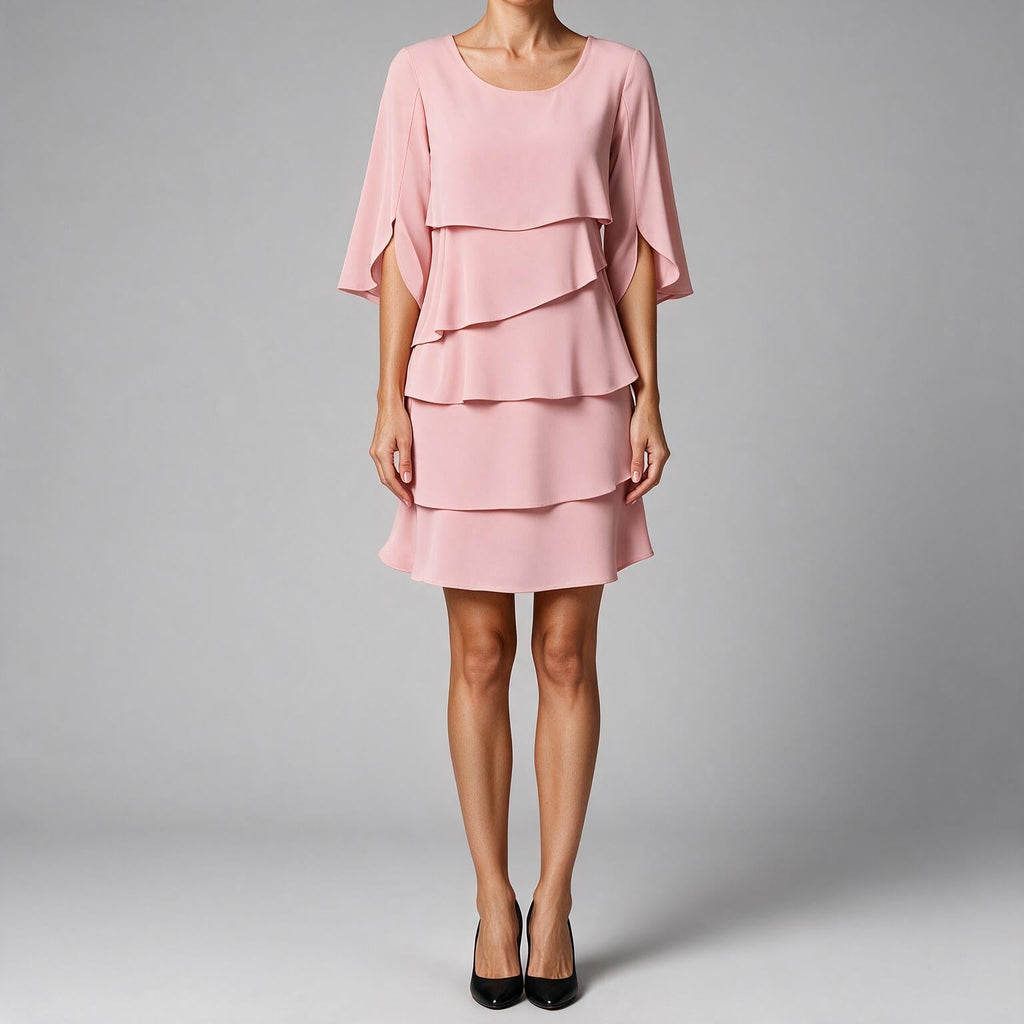 Antonia | Womens Wedding Guest Midi Dresses Round Neck Tiered Patchwork Dress Pink