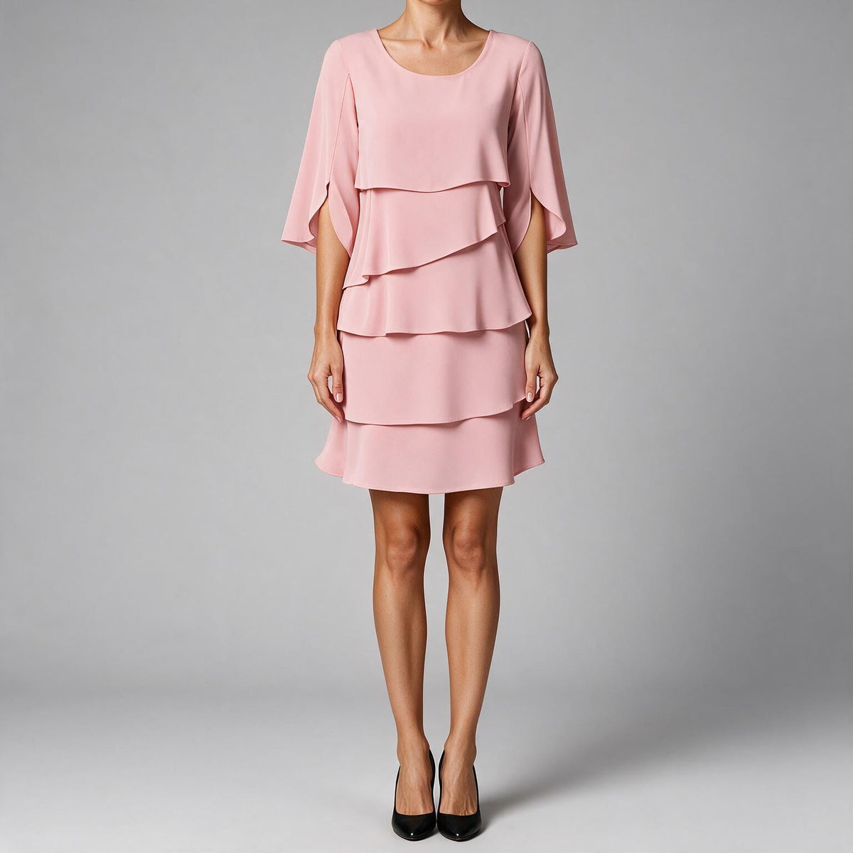 Antonia | Womens Wedding Guest Midi Dresses Round Neck Tiered Patchwork Dress Pink