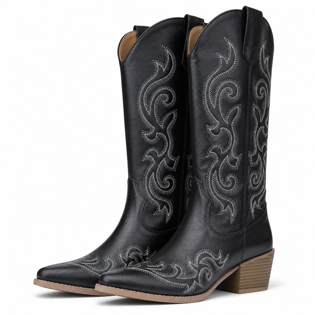 Saskia | Mens Cowboy Western Fashion Embroidered Slip on Boots Black packshot