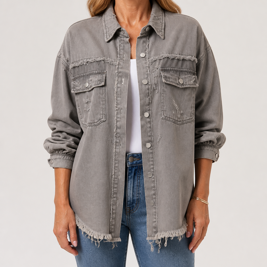Clarissa | Womens Longline Distressed Denim Jacket, Light Grey