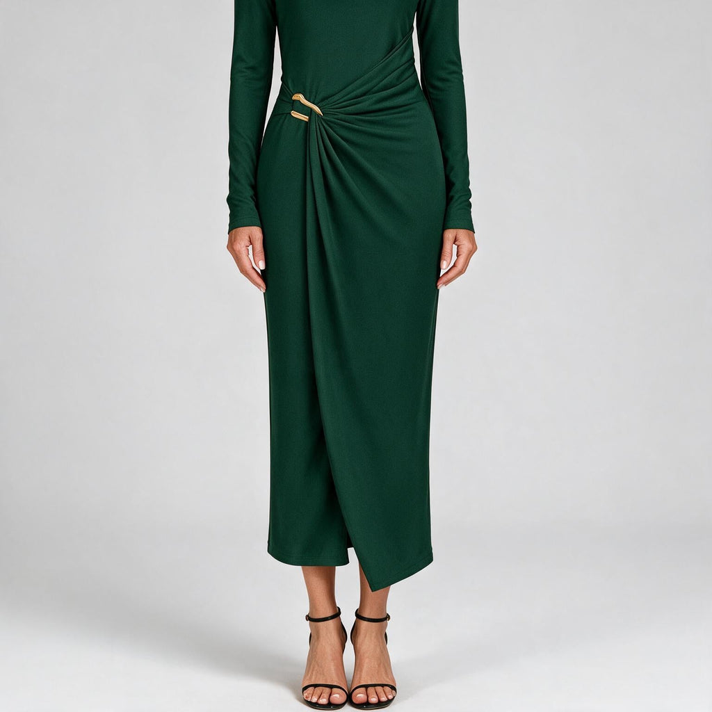 Petra | Womens Wedding Guest Long Sleeve Bodycon Midi Prom Dress Olive Green
