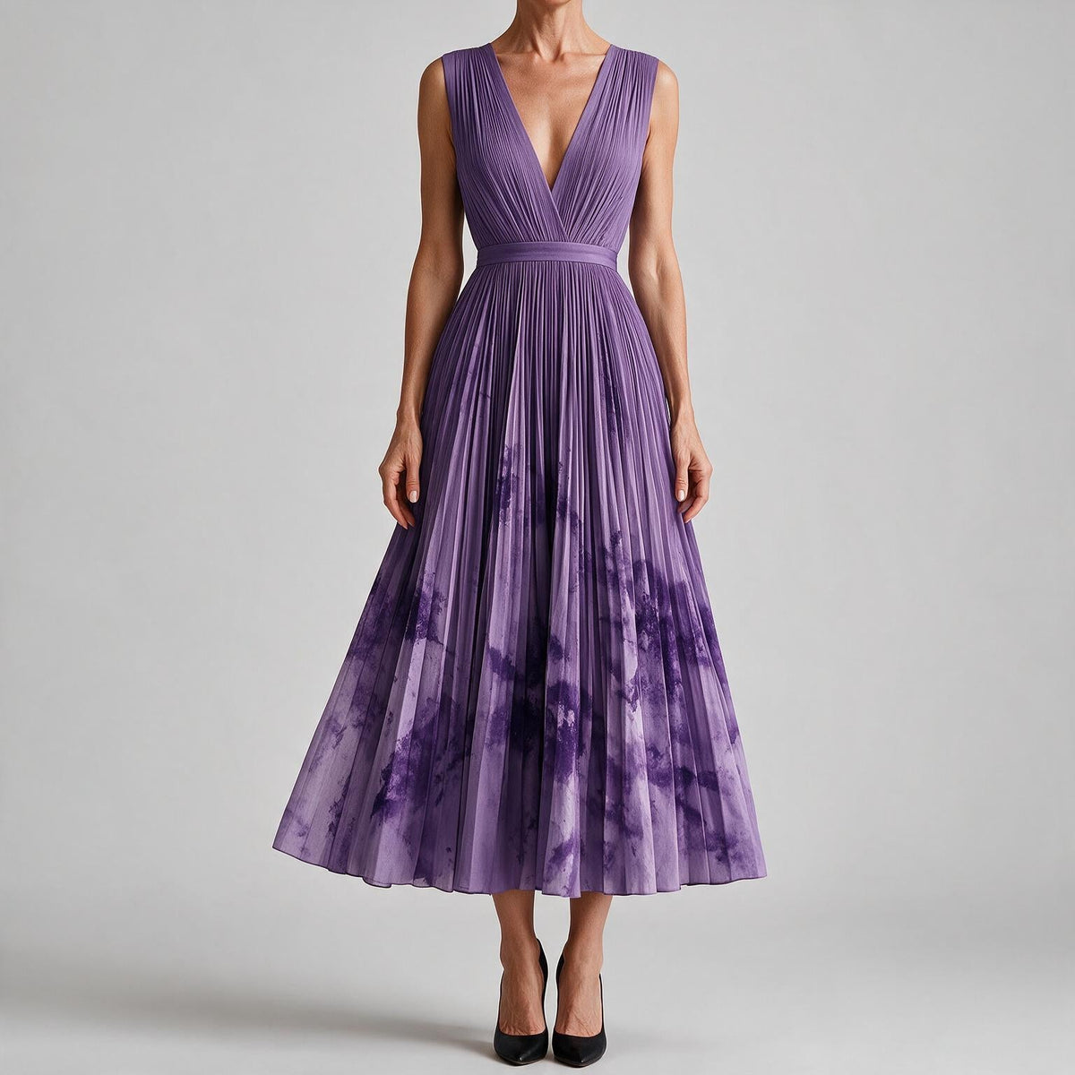 Seraphina | Womens Wedding Guest Maxi Summer Dresses Sleeveless Pleated Printed Dress Purple