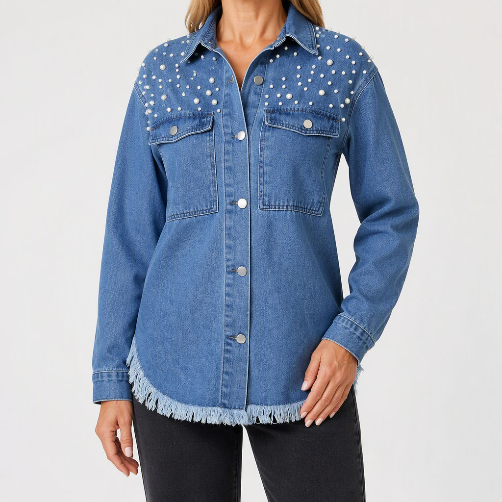 Eleanor | Womens Oversized Beaded Frayed Denim Jacket, Dark Blue