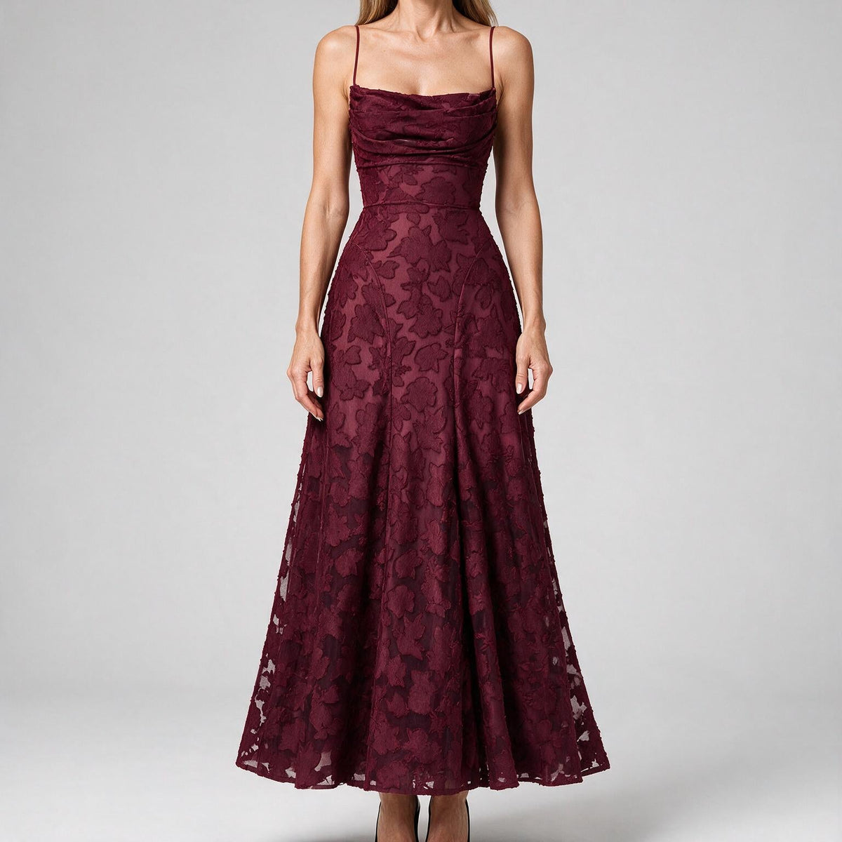 Colette | Womens Wedding Guest Maxi Lace A-Line High Waist Dresses Wine Red
