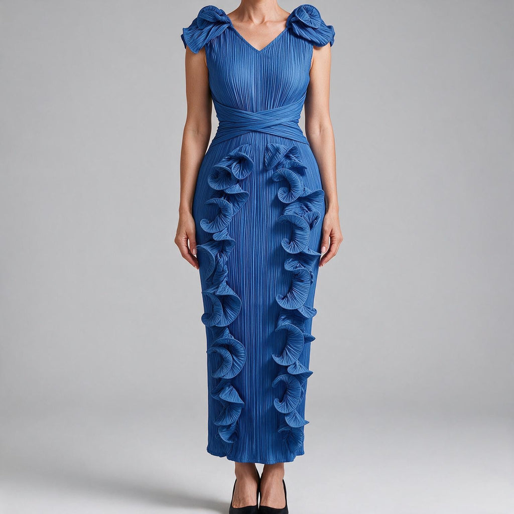 Mireille | Womens Wedding Guest Dress Pleated Ruffle Evening Maxi Dress Blue