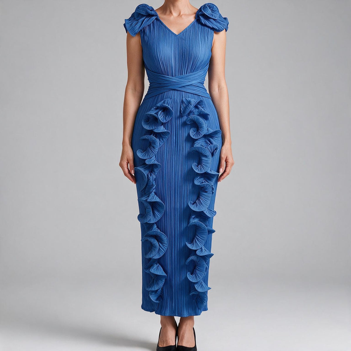Mireille | Womens Wedding Guest Dress Pleated Ruffle Evening Maxi Dress Blue