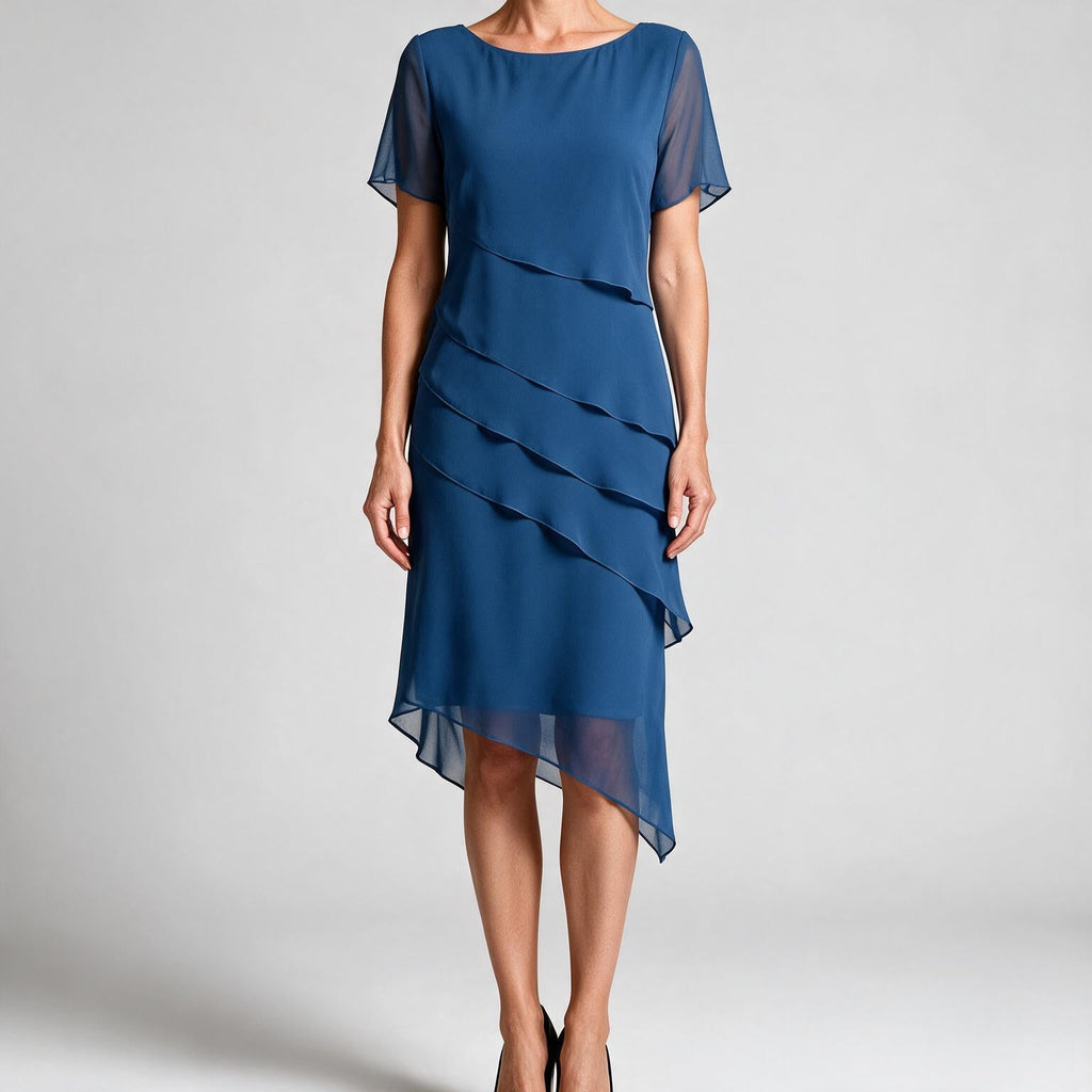 Yara | Womens Wedding Guest Chiffon Round Neck Short Sleeve Dresses Blue