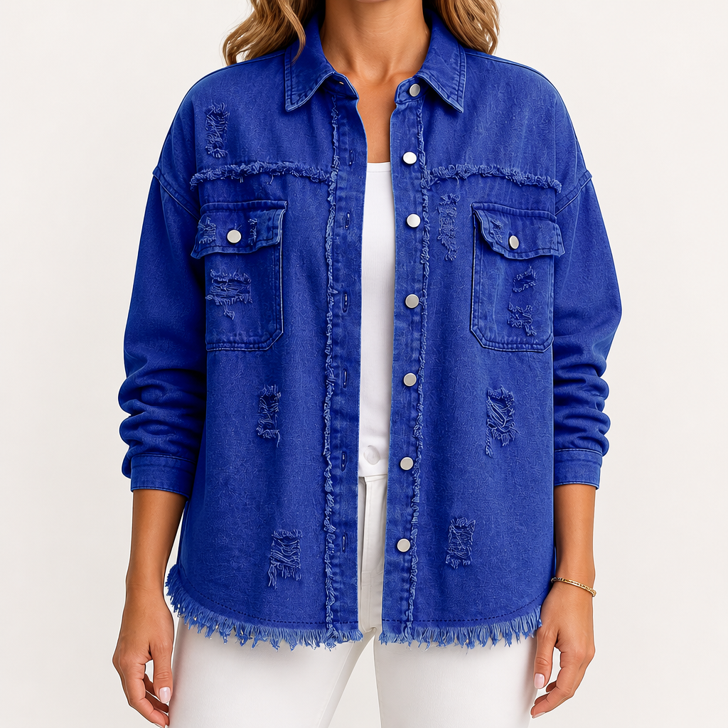 Genevieve | Womens Ripped Longline Denim Jacket, Royal Blue