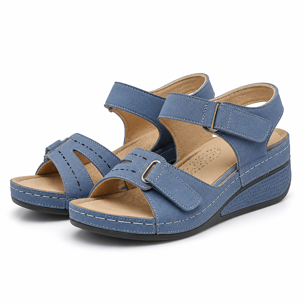 Renata | Womens Wedge Sandals Round Toe Cut Out Comfort Summer Sandals Blue packshot