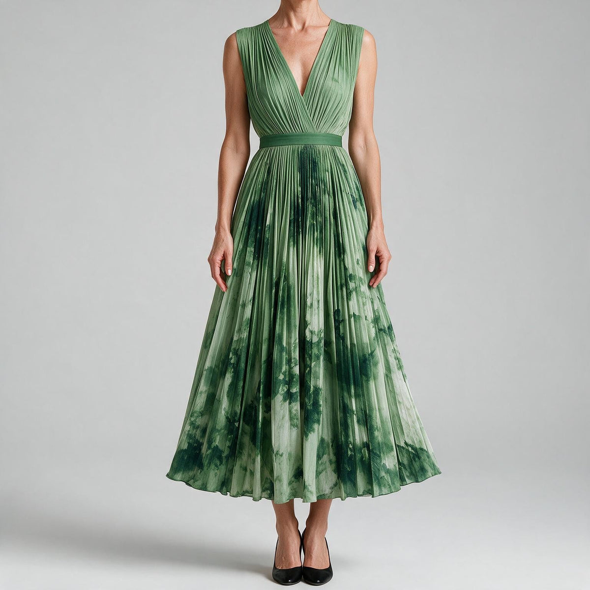 Seraphina | Womens Wedding Guest Maxi Summer Dresses Sleeveless Pleated Printed Dress Green