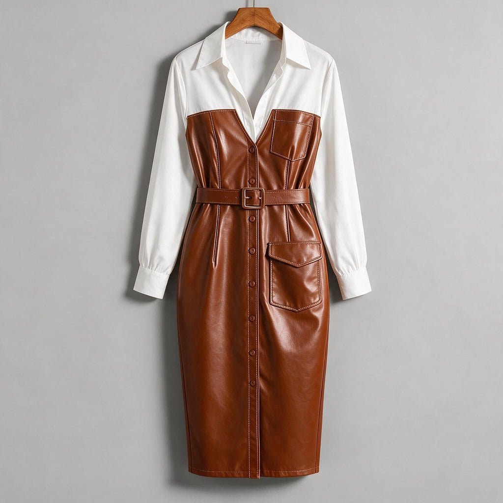 Aurelia | Womens Shirt Dress Long Sleeve Belted Leather Look Midi Dress on hanger