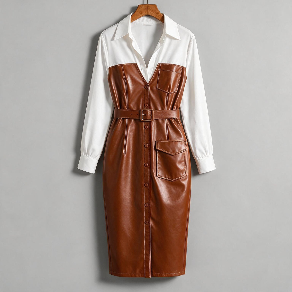 Aurelia | Womens Shirt Dress Long Sleeve Belted Leather Look Midi Dress on hanger
