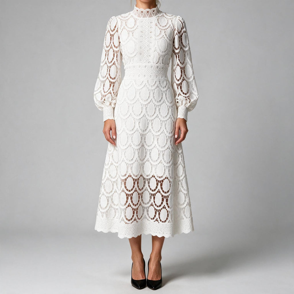 Genevieve | Womens Wedding Guest Lace A-Line Puff Sleeve Dresses White