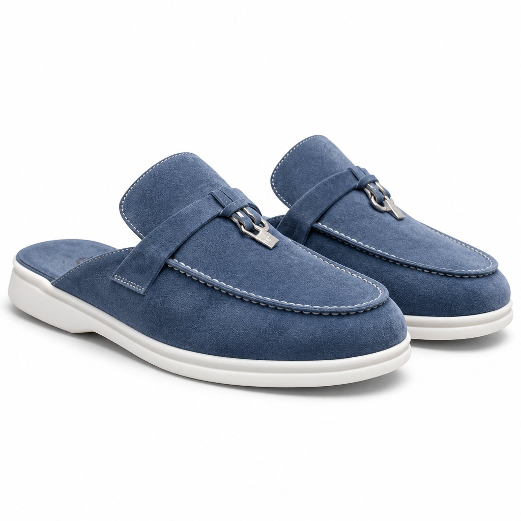 Sasha | Womens Leather Slip on Closed Toe Mules Sandals Blue packshot