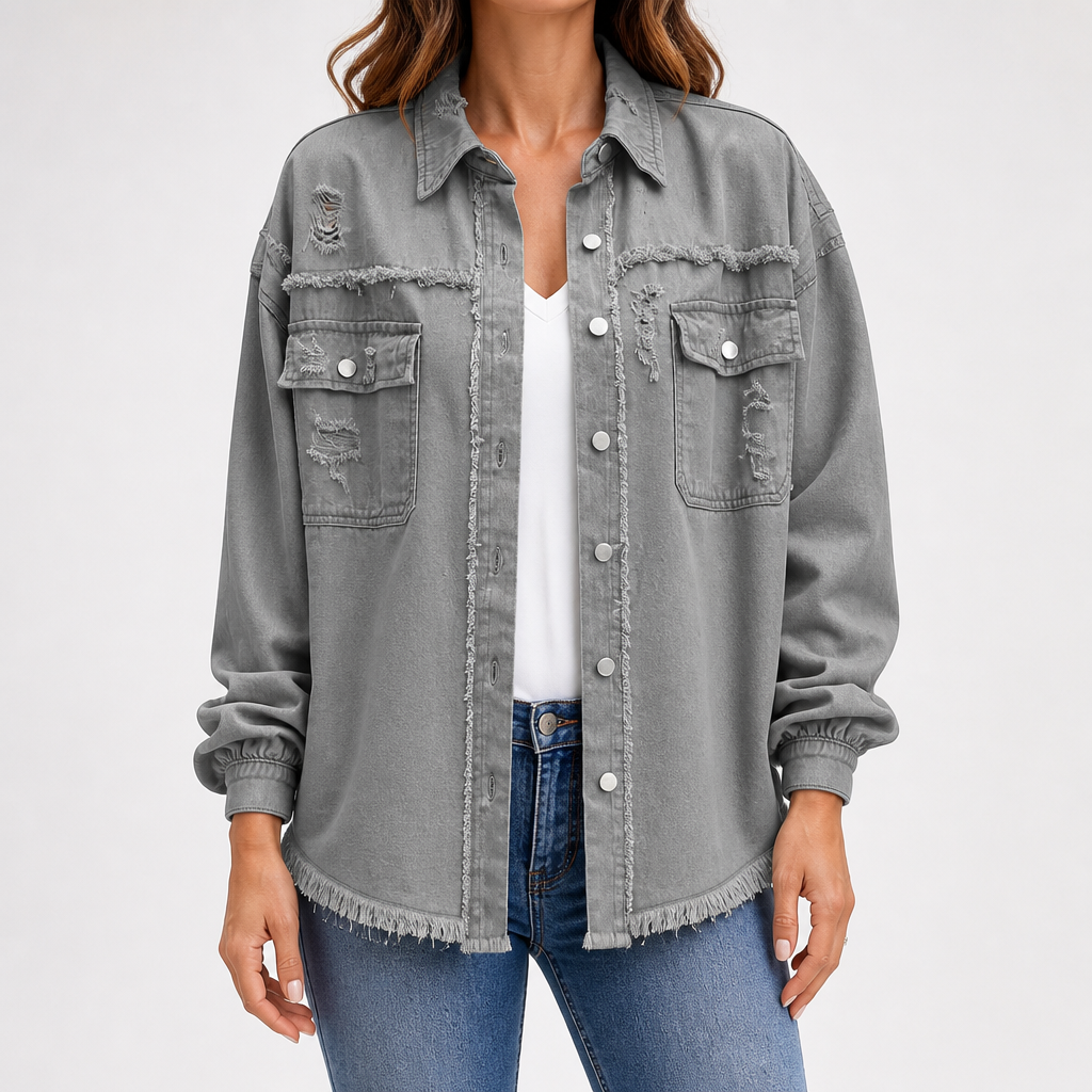 Genevieve | Womens Ripped Longline Denim Jacket, Light Grey