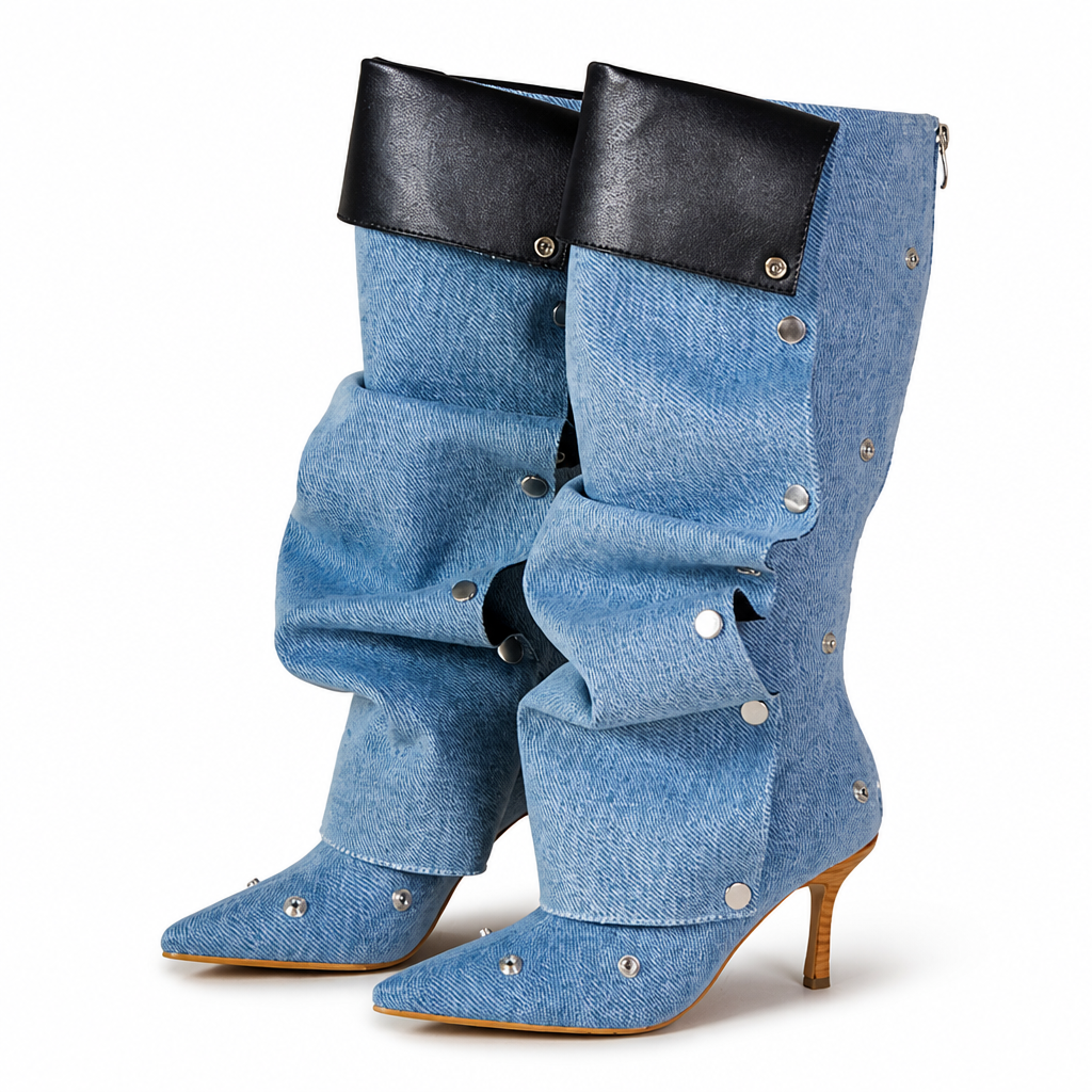 Hazel | Womens Heeled Boots Denim Slim Fit Pointed Toe Ankle Boots Denim packshot