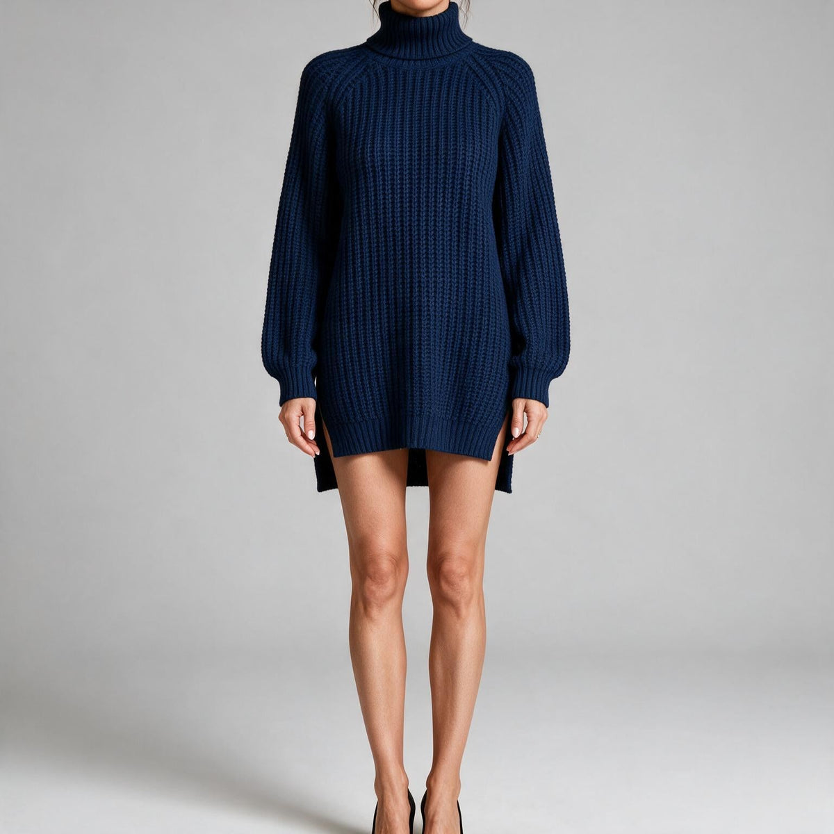 Rhiannon | Womens Wedding Guest Jumper Knitted Split Raglan Sleeve Dresses Dark Blue