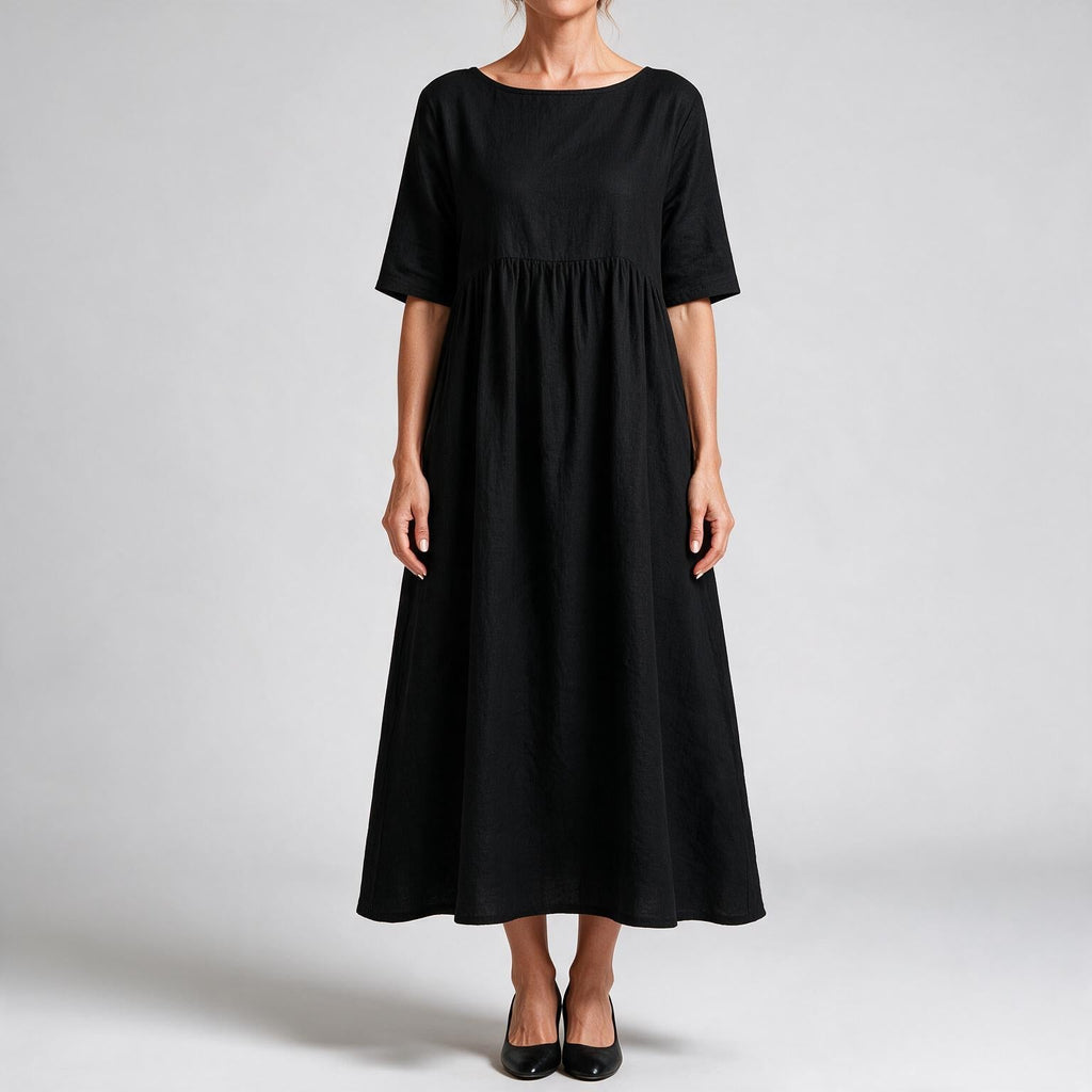 Saoirse | Womens Wedding Guest Summer Midi Cotton Linen Round Neck Dresses Black