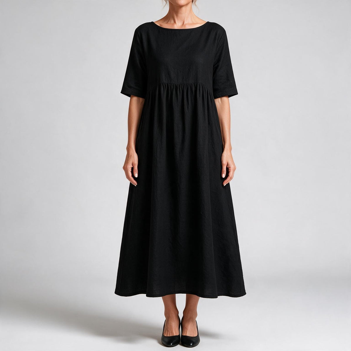 Saoirse | Womens Wedding Guest Summer Midi Cotton Linen Round Neck Dresses Black