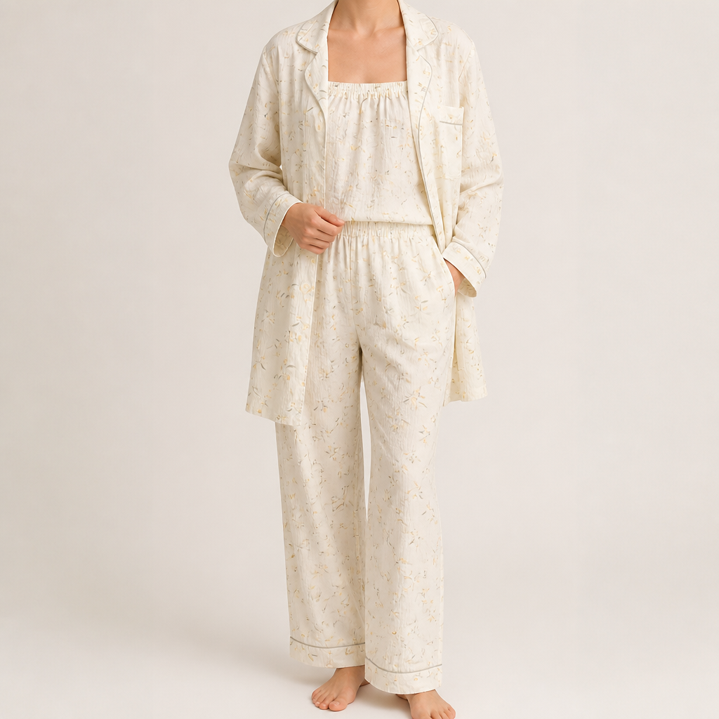 Rosalind | Womens Long Sleeve Button Up Cotton Pyjama Set Loungewear, Ivory 5