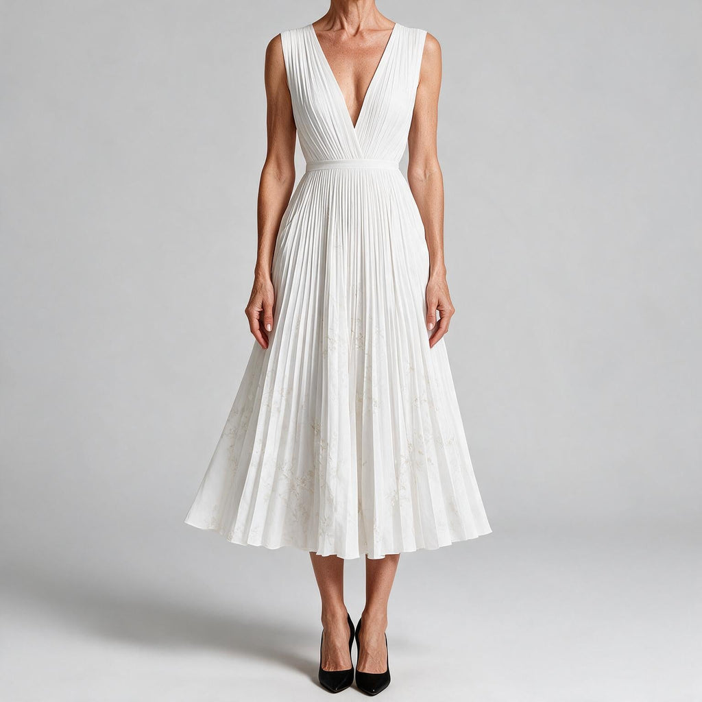 Seraphina | Womens Wedding Guest Maxi Summer Dresses Sleeveless Pleated Printed Dress White