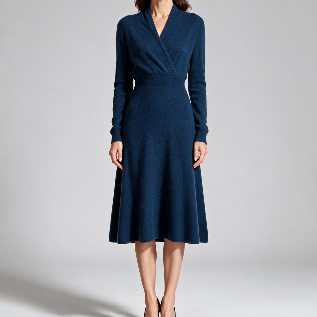Genevieve | Womens Cashmere Knitted V Neck Midi Jumper Wedding Guest Dresses Deep Blue