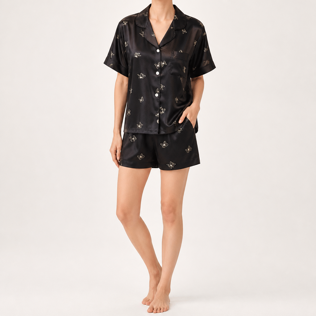 Odette | Womens Short Sleeve Satin Pyjama Set, Black 2