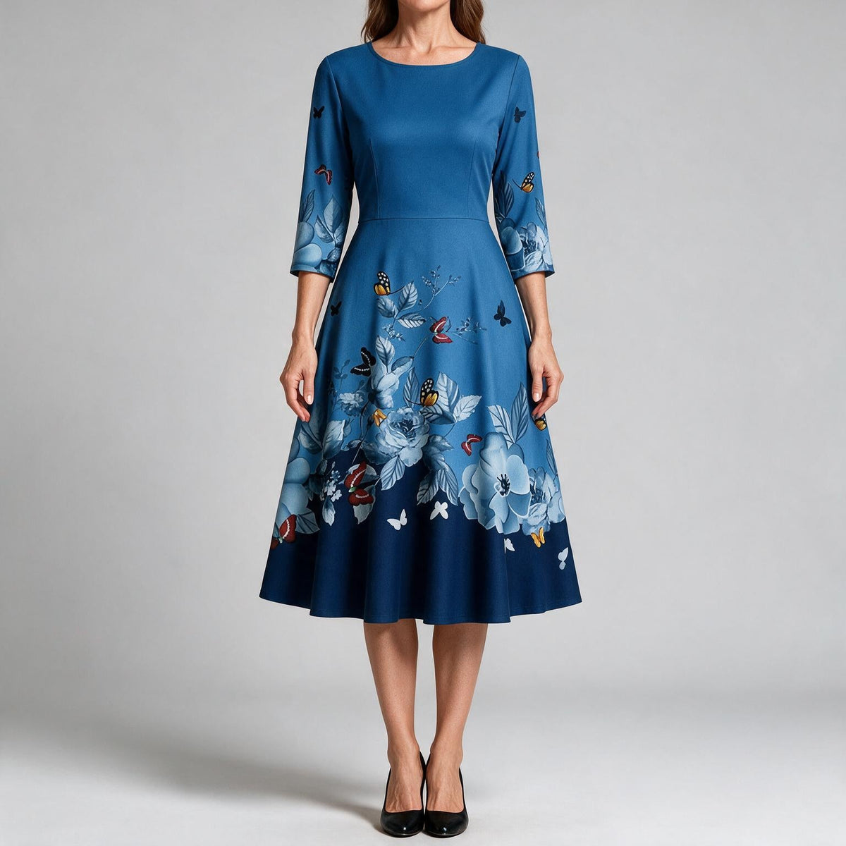 Marguerite | Womens Wedding Guest Floral Round Neck Straight Midi Dress Blue