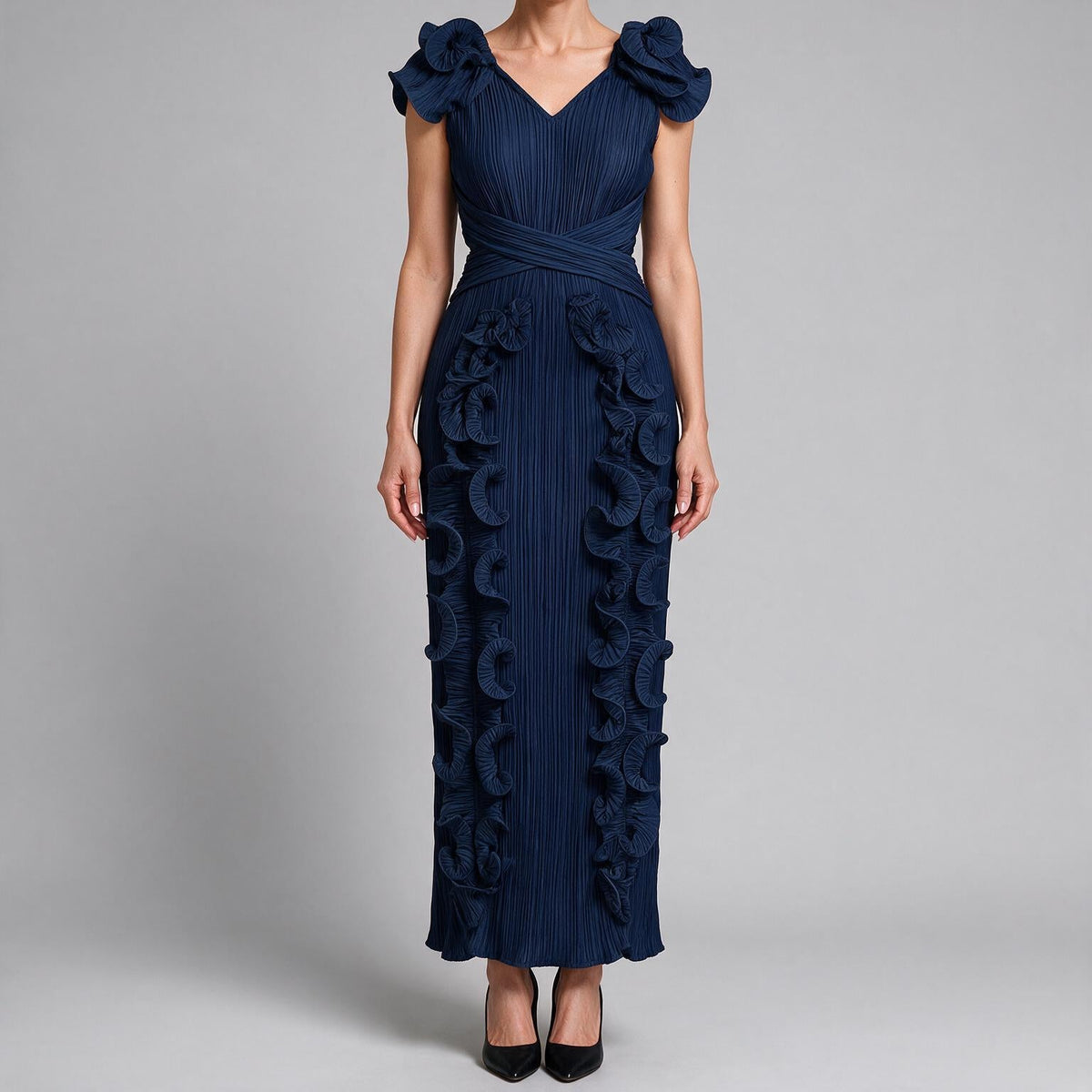 Mireille | Womens Wedding Guest Dress Pleated Ruffle Evening Maxi Dress Dark Blue