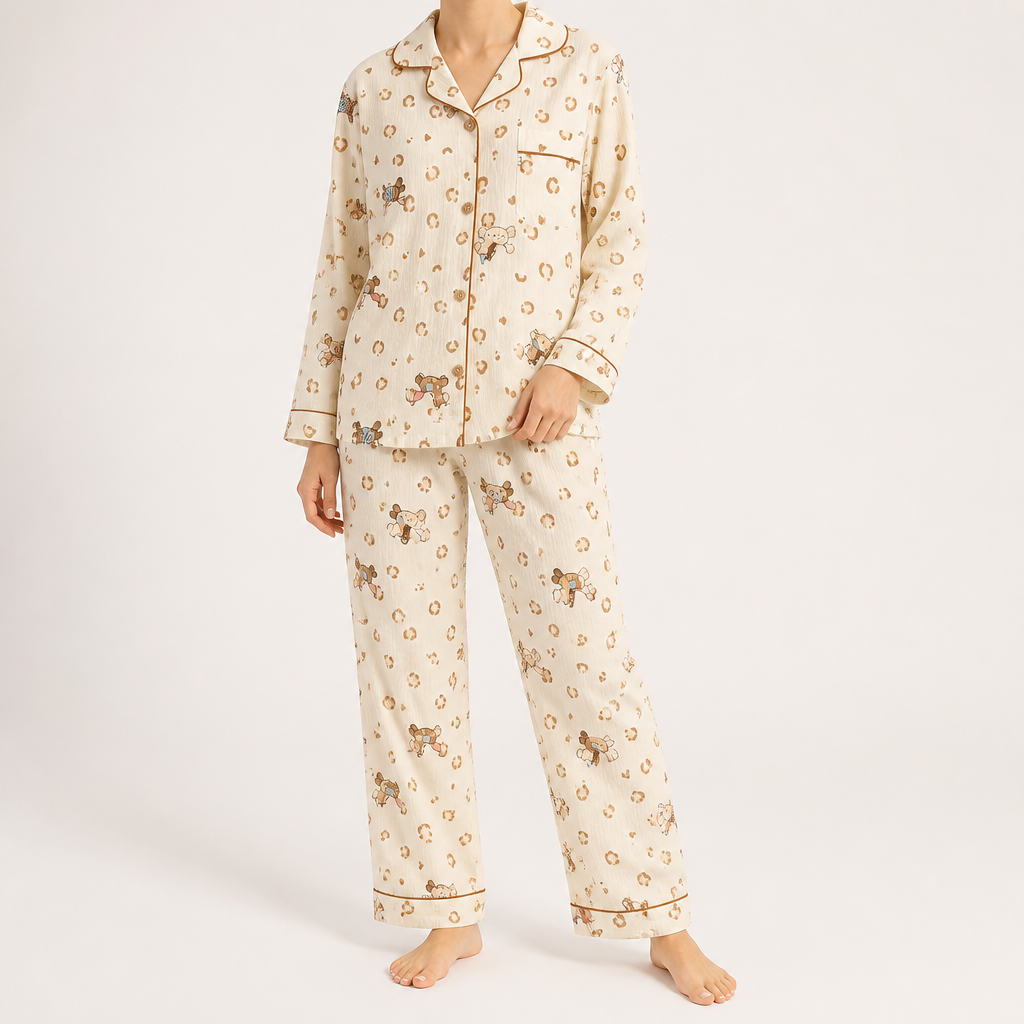 Beatrix | Womens Long Sleeve Cotton Pyjama Set Loungewear, Khaki 2