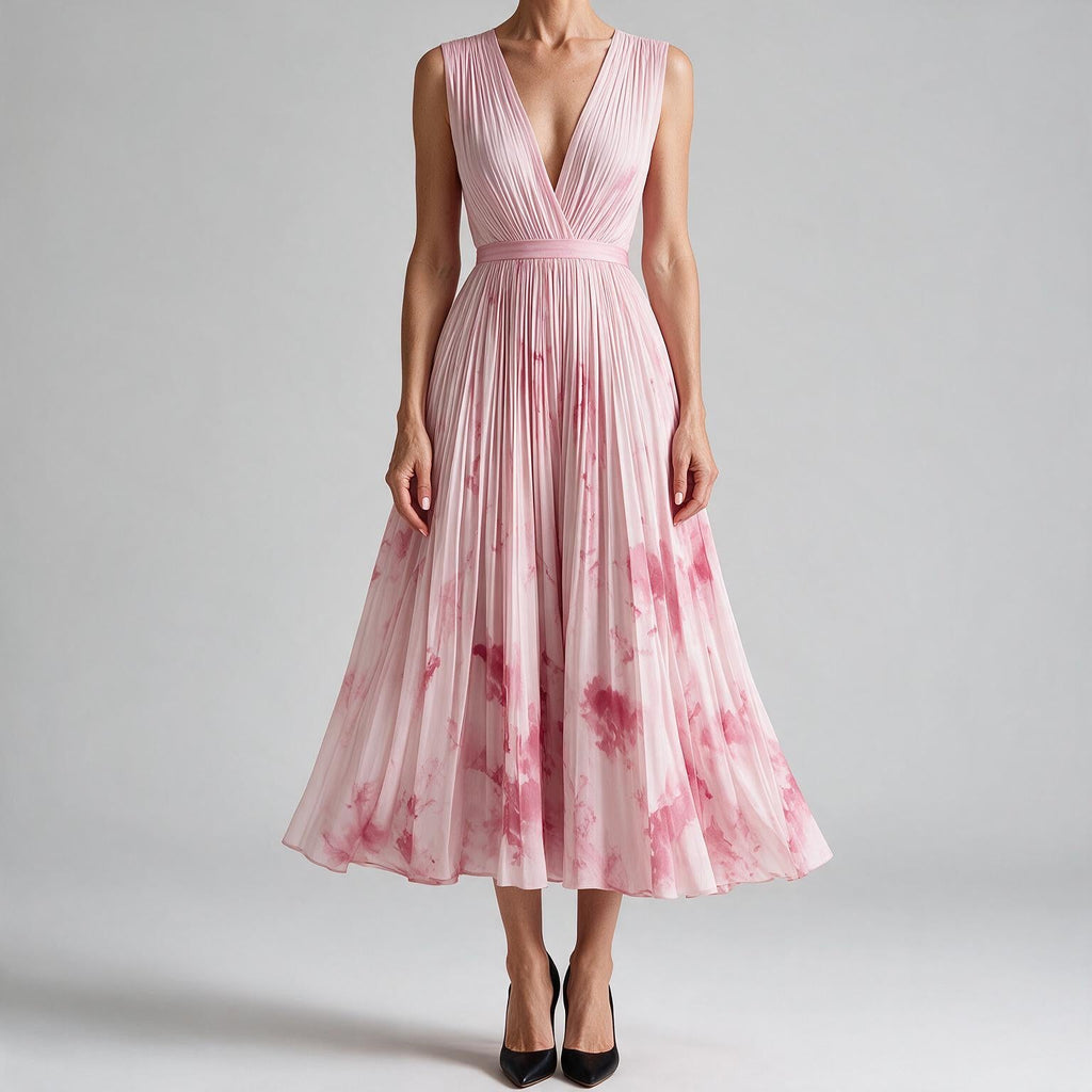 Seraphina | Womens Wedding Guest Maxi Summer Dresses Sleeveless Pleated Printed Dress Pink