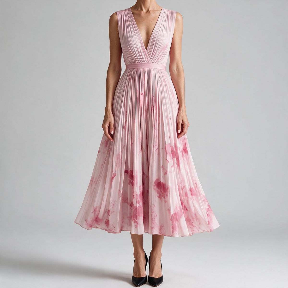 Seraphina | Womens Wedding Guest Maxi Summer Dresses Sleeveless Pleated Printed Dress Pink