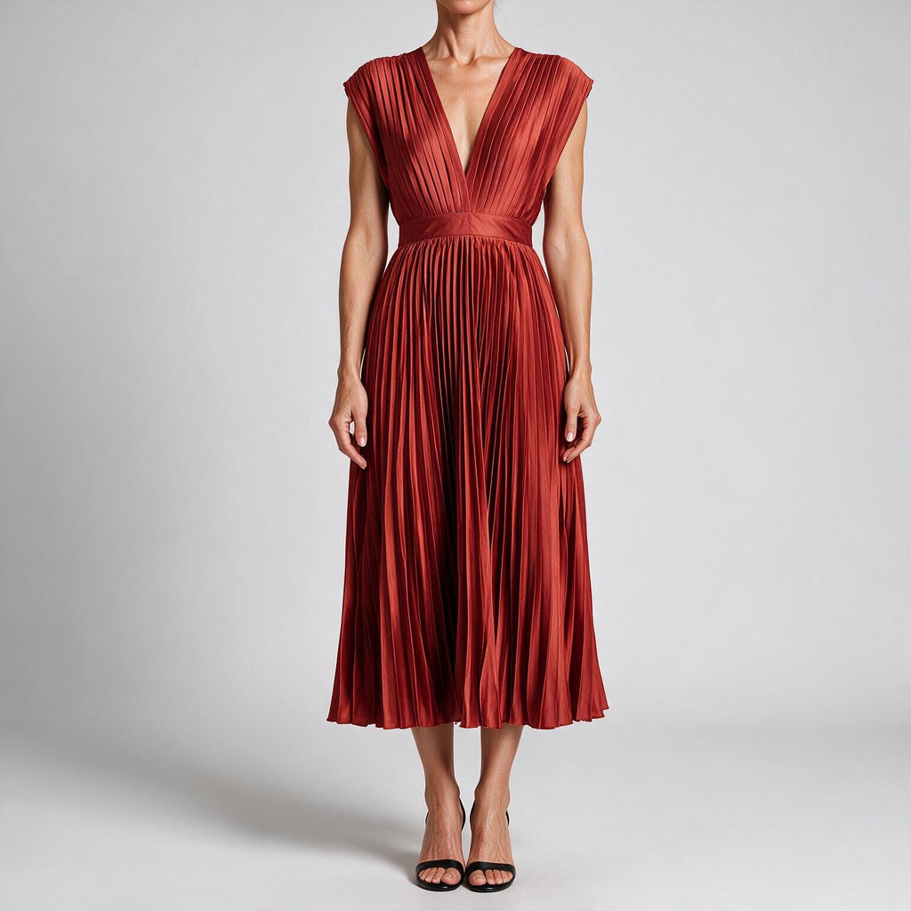 Anais | Womens Wedding Guest Satin V Neck Pleated Midi Dress Brick Red