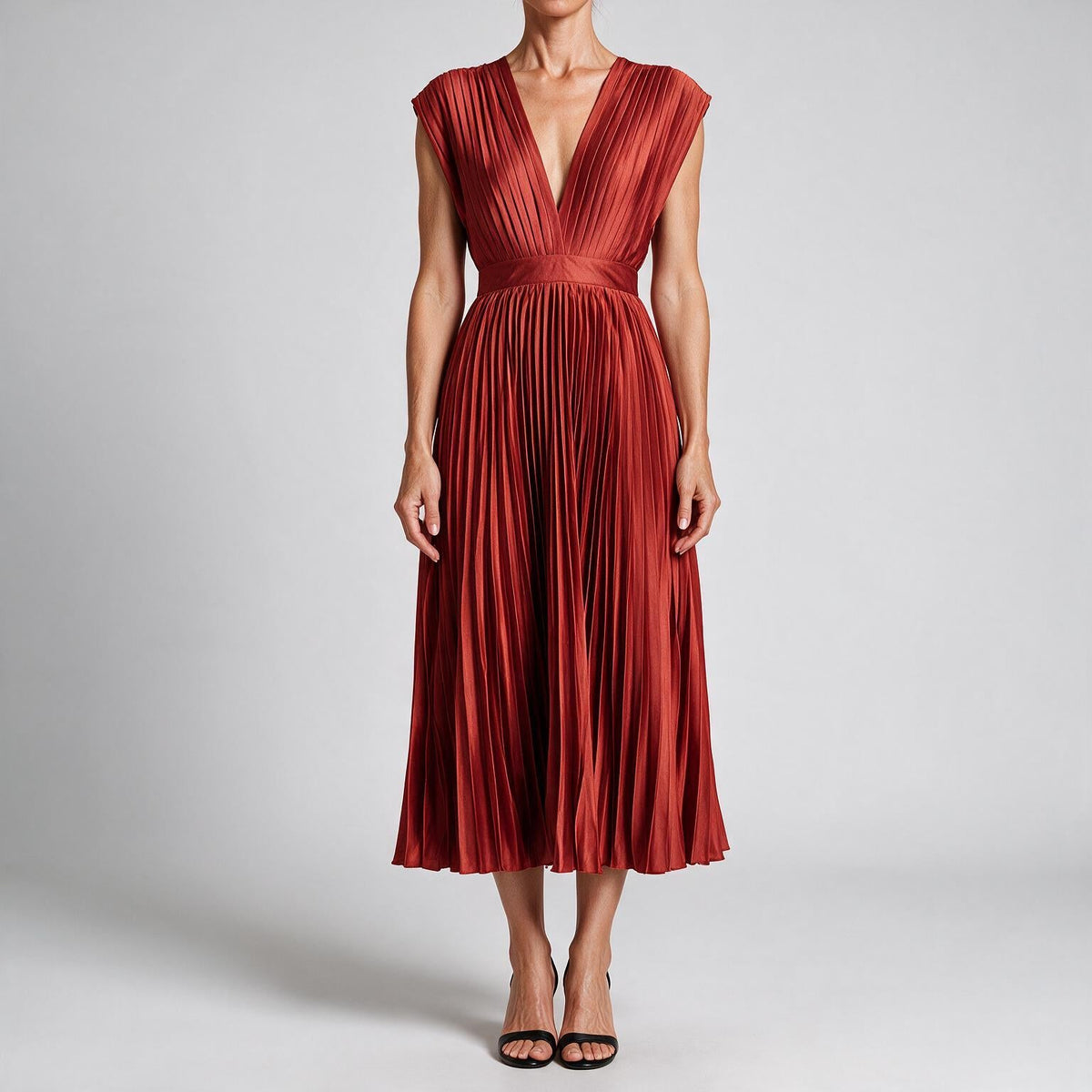 Anais | Womens Wedding Guest Satin V Neck Pleated Midi Dress Brick Red