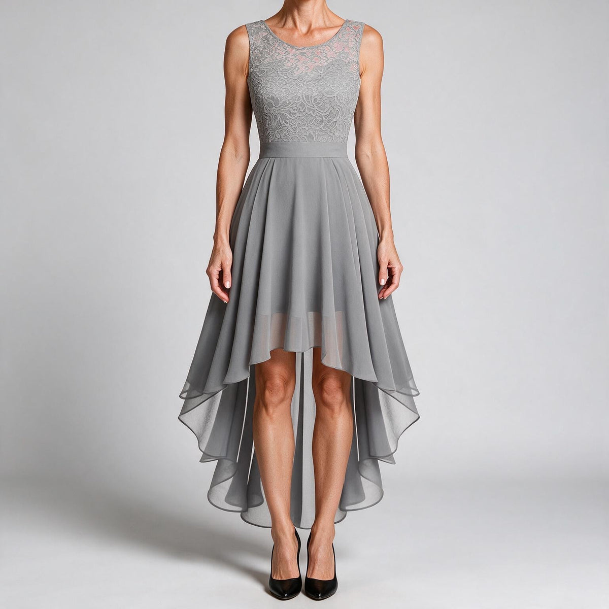 Eleanor | Womens Cocktail Lace Midi Wedding Guest Evening Formal Long Elegant Dresses Grey