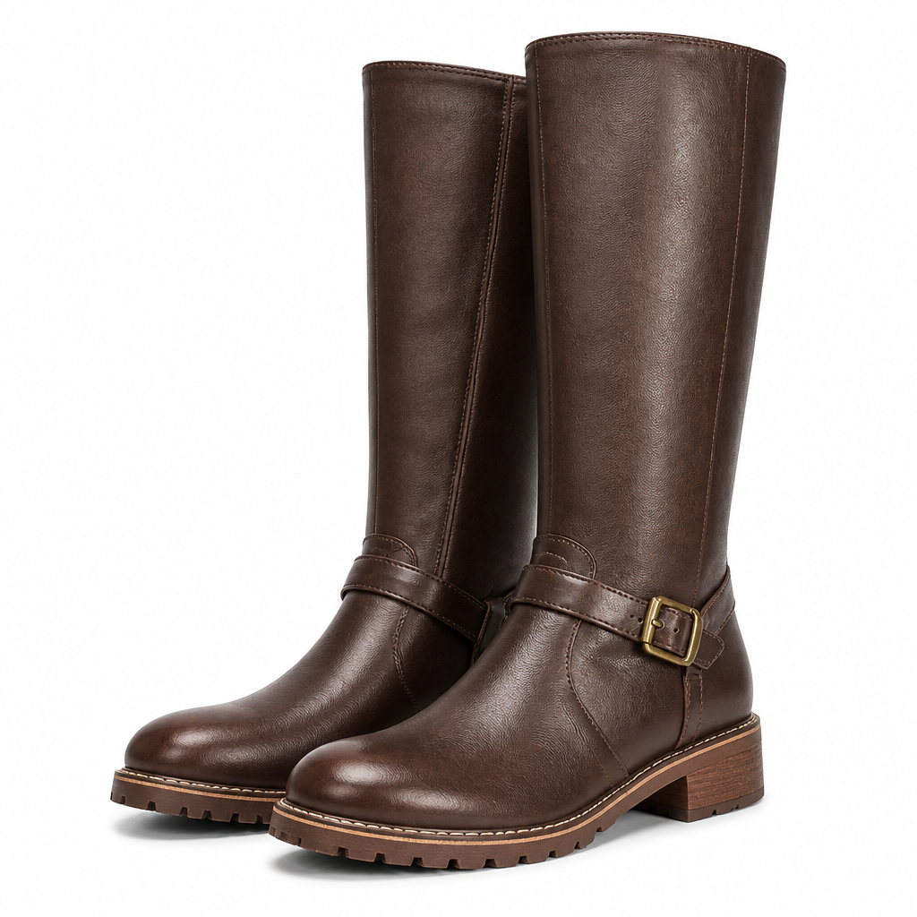 Rhoda | Womens Knee High Boots Heeled Leather Biker Boots Dark Brown packshot