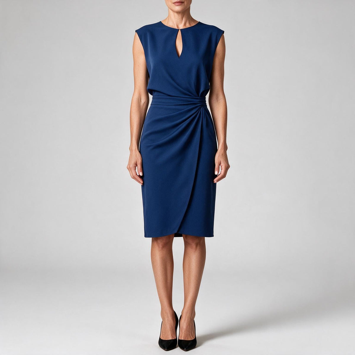 Elowen | Womens Sleeveless Cut Out Knot Midi Classy Wedding Guest Dresses Dark Blue