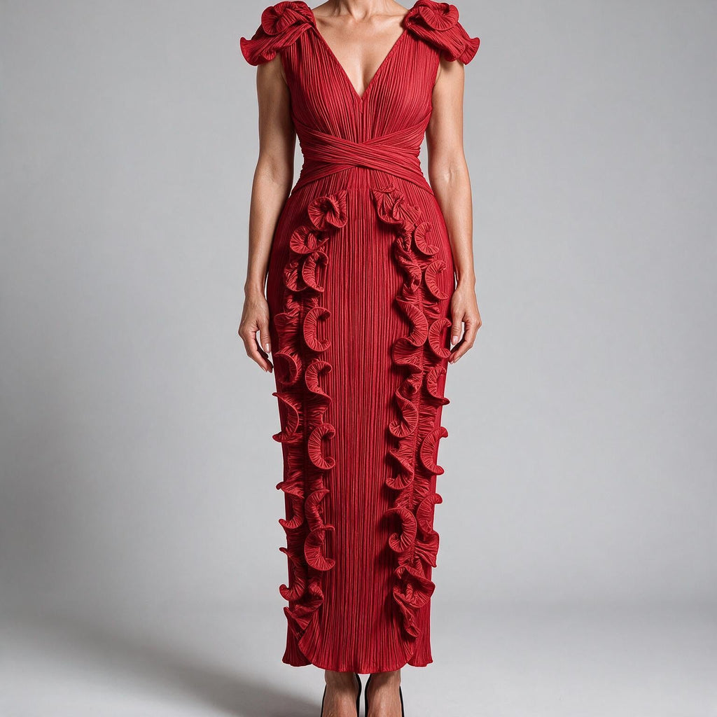 Mireille | Womens Wedding Guest Dress Pleated Ruffle Evening Maxi Dress Red