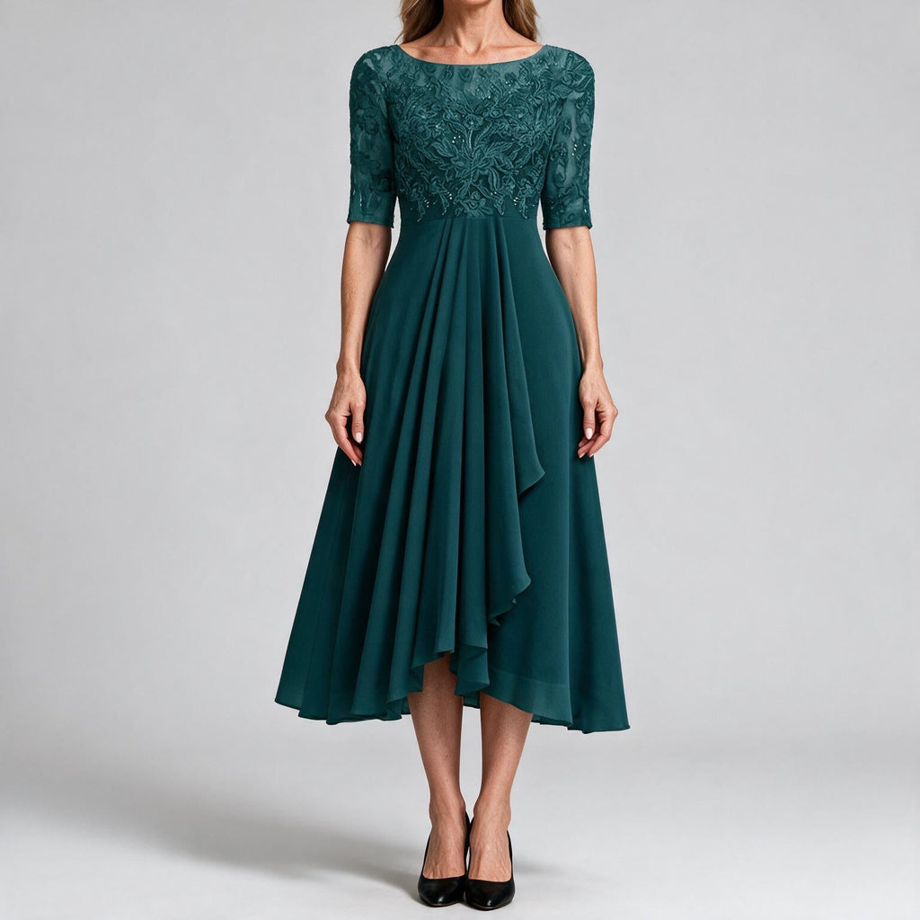 Isla | Womens Wedding Guest Dress Bridesmaid Cocktail Midi Lace Chiffon Dress Dark Green
