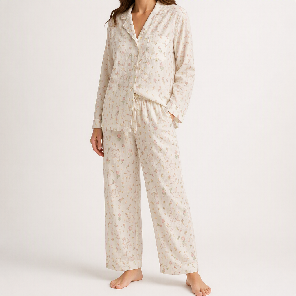 Beatrix | Womens Long Sleeve Cotton Pyjama Set Loungewear, Cream 3