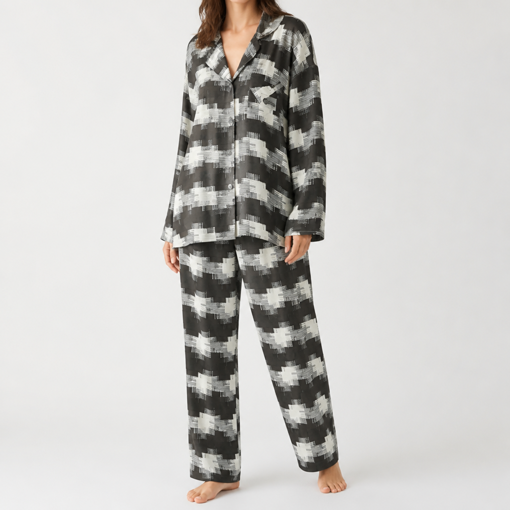 Beatrice | Womens Cotton Long Sleeve Pyjama Set, Black Check