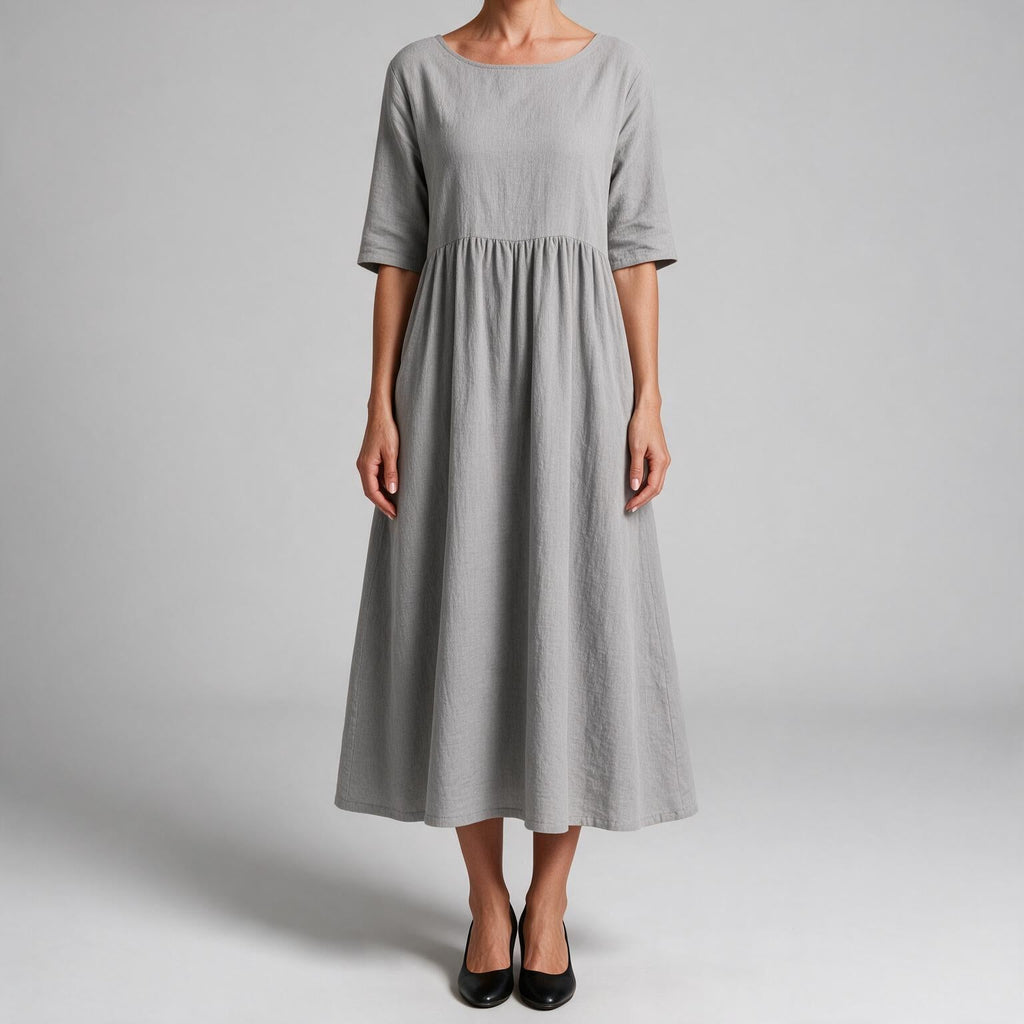 Saoirse | Womens Wedding Guest Summer Midi Cotton Linen Round Neck Dresses Light Grey