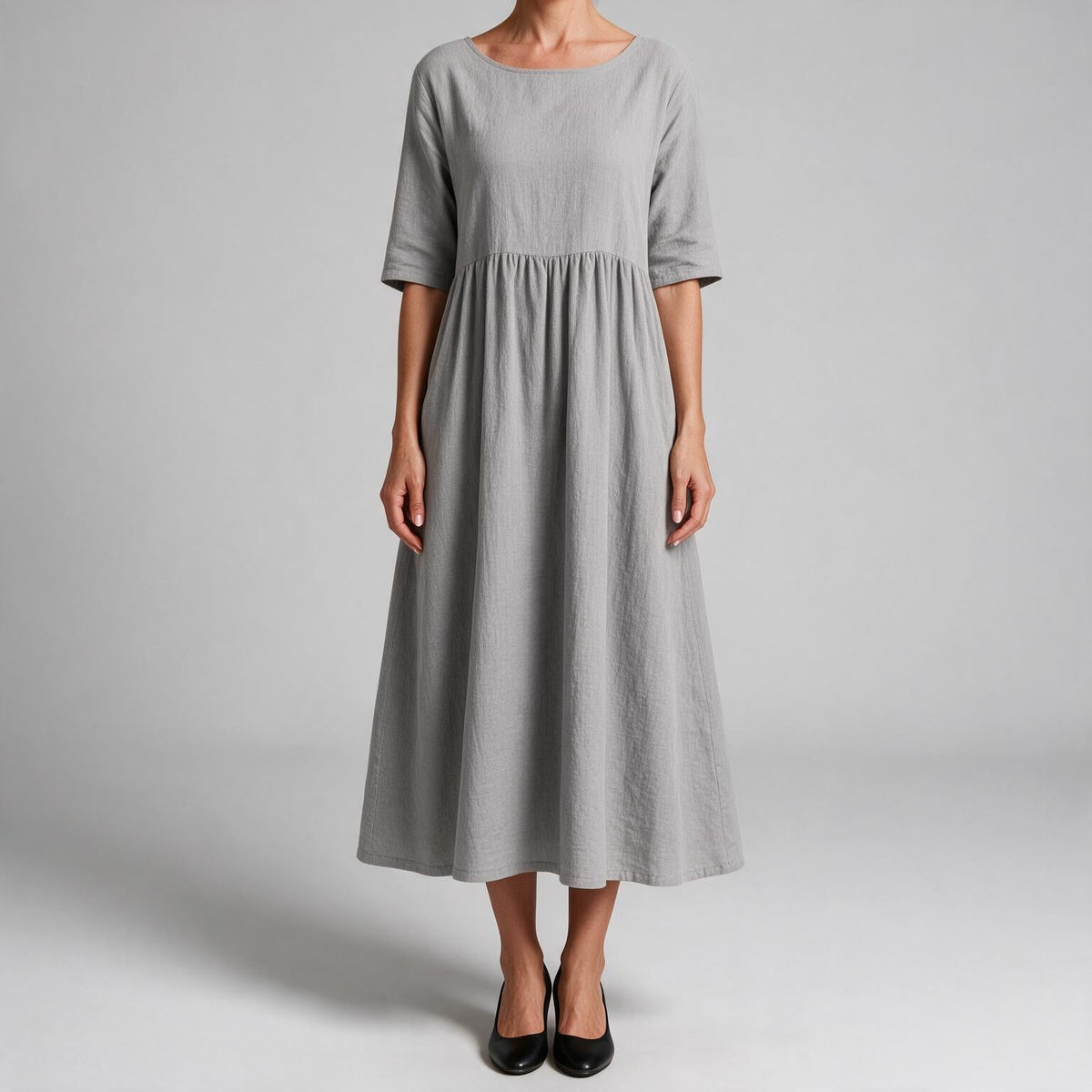 Saoirse | Womens Wedding Guest Summer Midi Cotton Linen Round Neck Dresses Light Grey