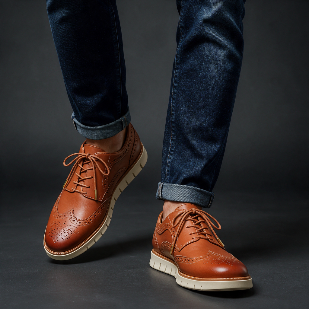 Redmond Wingtip Brogue Sneakers worn with jeans - Rust