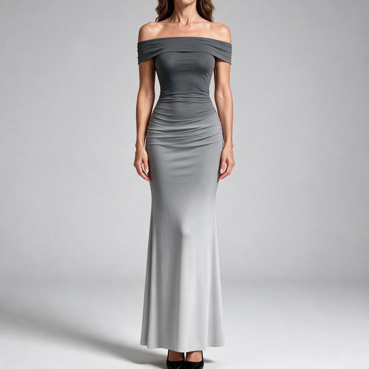 Reggie | Womens Bodycon Dress Short Sleeve Gradient Off Shoulder Long Dress Grey