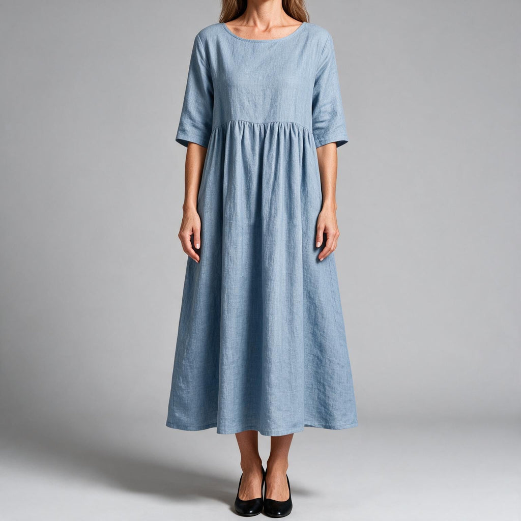 Saoirse | Womens Wedding Guest Summer Midi Cotton Linen Round Neck Dresses Light Blue